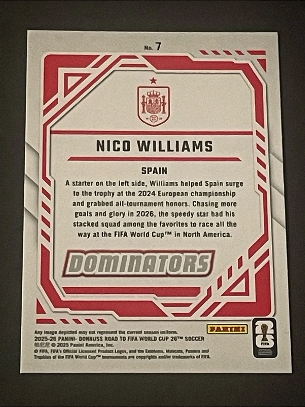 Panini Donruss Road to FIFA World Cup Dominators Nico Williams Spain #7 Card